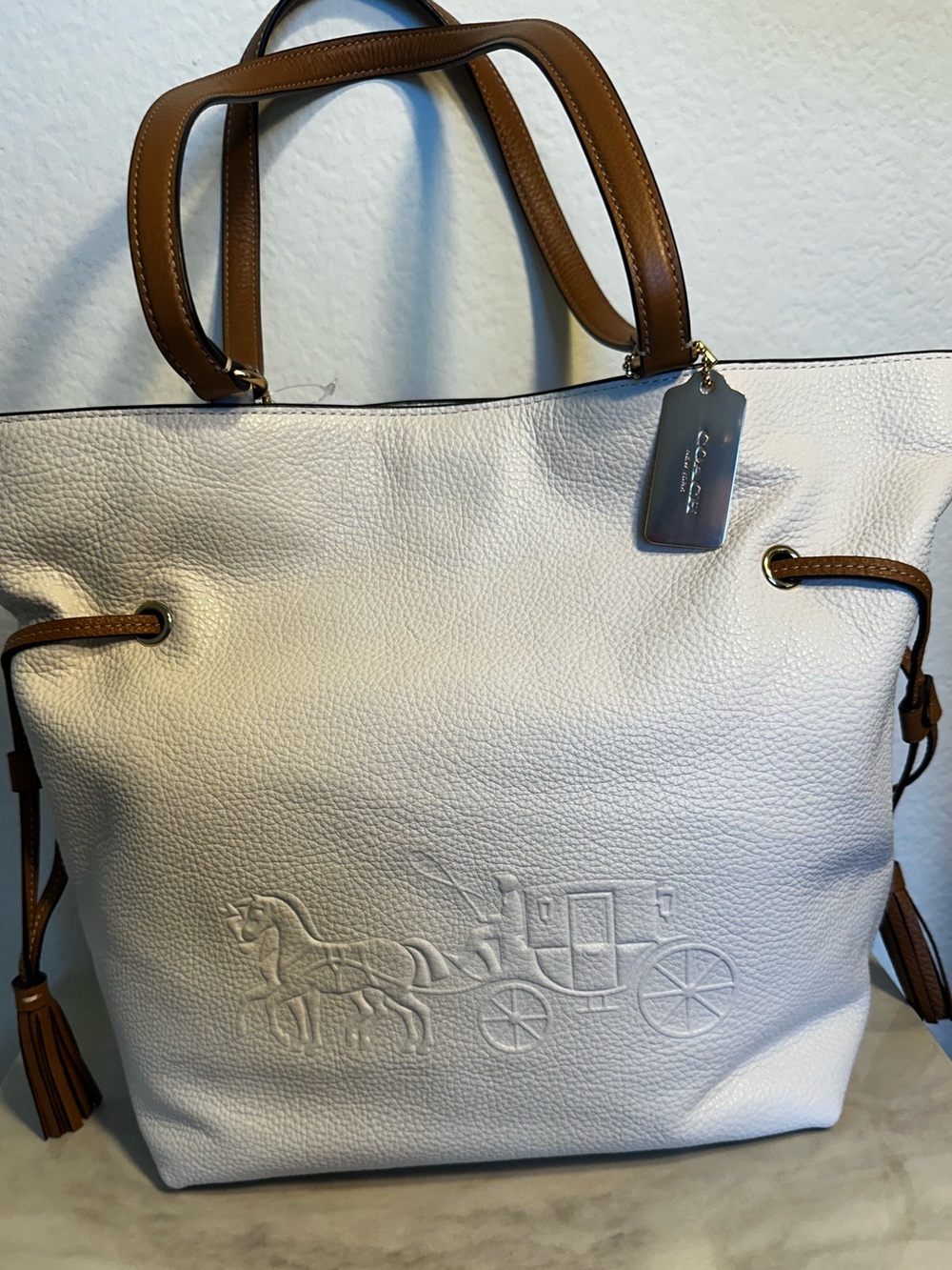 Coach Leather Tote in Chalk with Saddle Trim